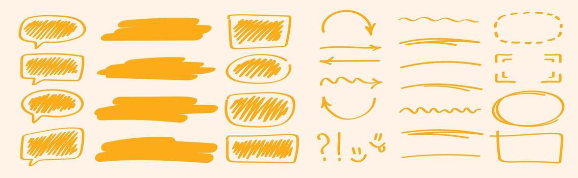 Hand drawn yellow doodle elements set speech bubbles, arrows, underlines, scribbles and highlights for notes, school, presentation and creative design vector