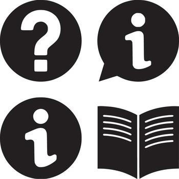 Four black and white icons with quest.ion marks and an open book.. vector