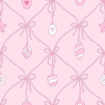 coqueta Navidad sin costura modelo con arcos y varios Navidad árbol adornos flores en a cuadros cinta red. lineal contorno gráficos. vector