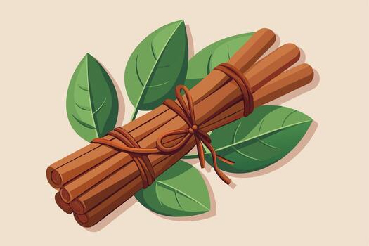 Aromatic Bundle of Cinnamon Sticks Tied with Twine, Resting on Lush Green Leaves, Evoking Warmth and Spice vector