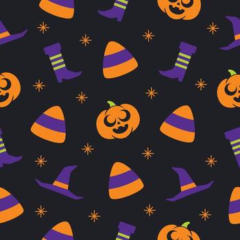Abstract Halloween seamless pattern illustration with seasonal objects like smiling pumpkin, witch hat, and boot suitable for wrapping paper, wallpaper, and more. Halloween pattern. vector