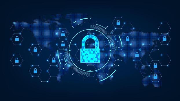 Technology abstract digital security tech circle Hi tech line circuit board with world map background vector