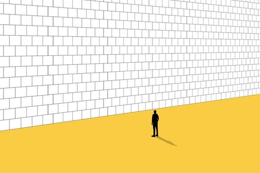 Businessman standing in front of a wall blocking his path forward. concept of Challenge, problem, and barrier vector