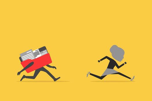 Business woman run away from of files folders. Communication problem or overload, too many folders vector