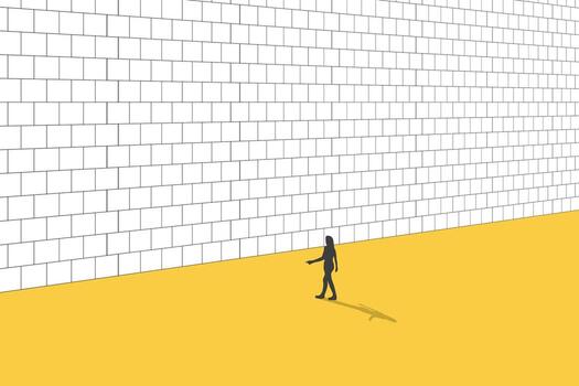 Business woman standing in front of a wall blocking his path forward. concept of Challenge, problem, and barrier vector