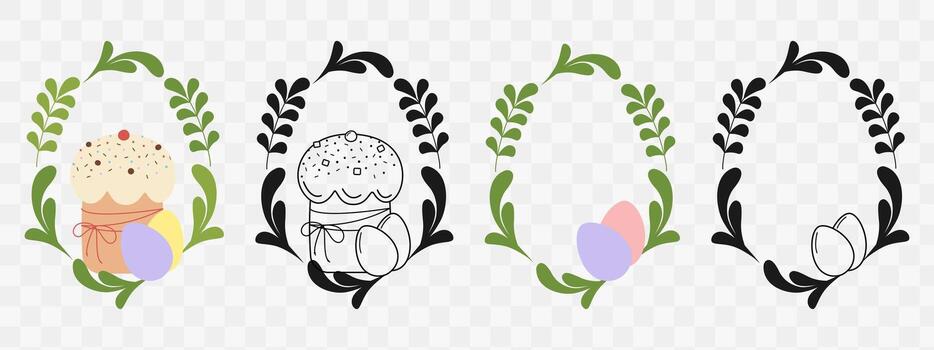 Easter Cake with Painted Eggs and Abstract Leaves Eggs Shape Frame Inks and Color Copyspace Template. Isolated Illustration Easter Thematic Cards Greetings Sample Leaflets Banner, labels, price vector