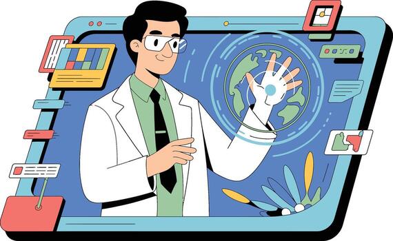 Scientist Interacting with Futuristic Holographic Display vector