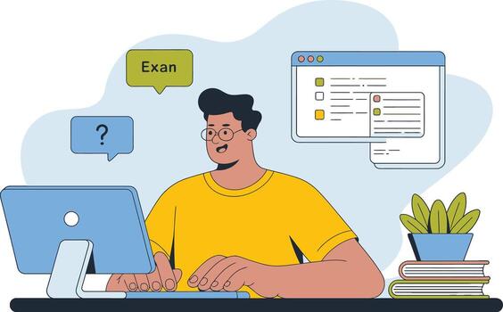 Person working on a computer with a checklist vector