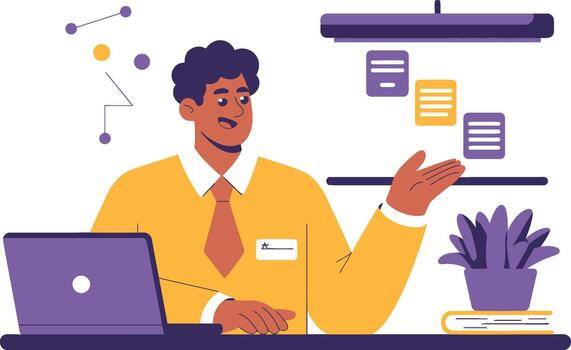 Man presenting data at a desk with laptop and plant vector