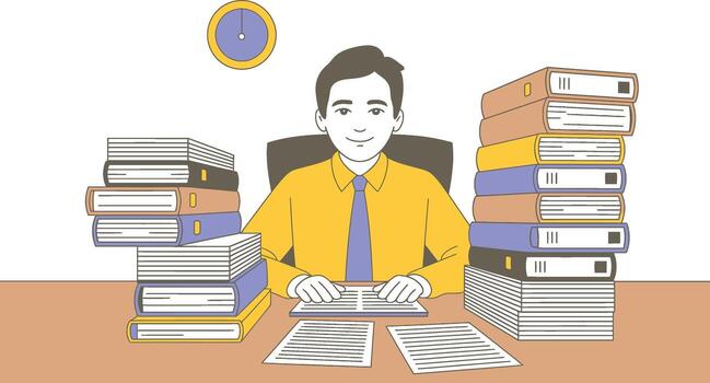 Man at Desk Surrounded by Stacks of Books and Papers vector
