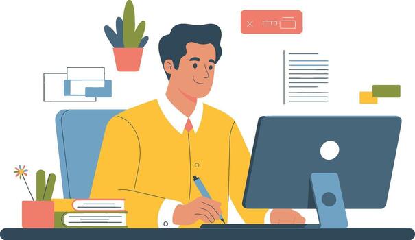 hombre trabajando en computadora a escritorio con libros y planta vector