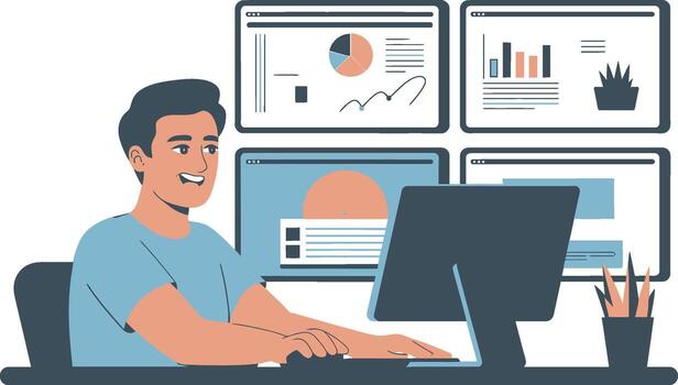 hombre trabajando en múltiple computadora pantallas con cartas vector