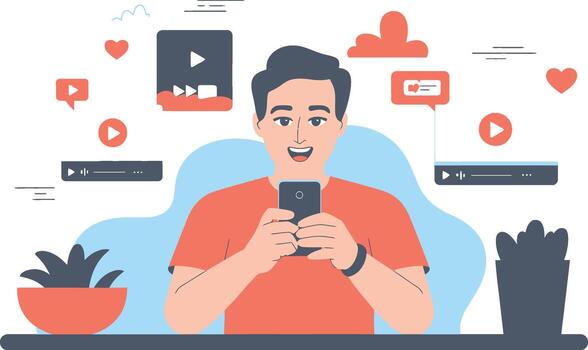 Man using smartphone with player icons and likes vector