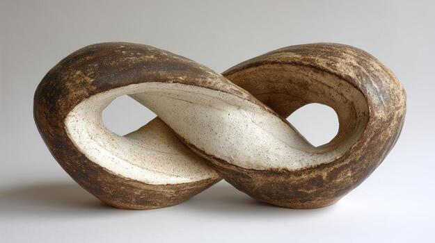 Interlocked Ring Sculpture with Weathered Earth Tones in White and Brown Ceramic Texture Studio Abstract Photograph photo