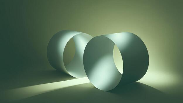 Minimal Abstract Photograph of Two Intersecting Green Rings with Soft Lighting and Shadow Play photo