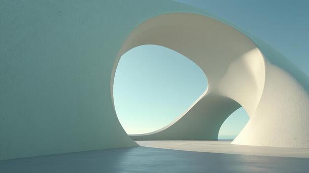 Two Intersecting White Arch Structures Create a Minimalist Abstract Space Against a Pale Blue Sky photo