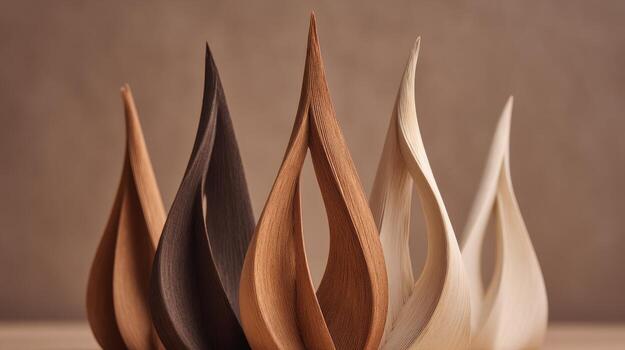 Minimal Abstract Photograph of Tall Layered Wooden Forms Curving Upward in a Warm Gradient from Dark Brown to Cream photo