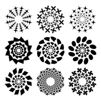 Set of Abstract Spiral Mandala Elements. Circular Shapes. This set is ideal for designers seeking unique mandala inspired circular patterns with a modern, abstract aesthetic vector