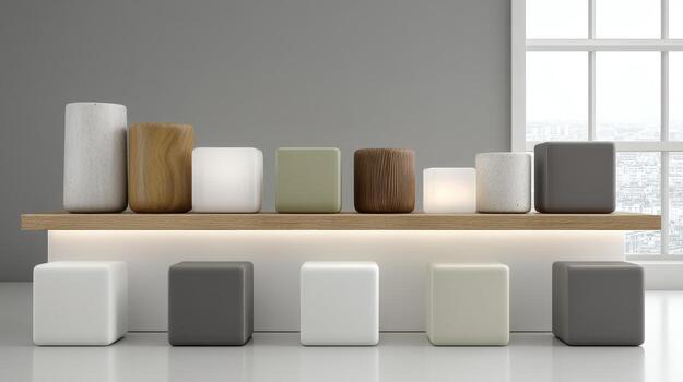 Isometric Arrangement of Minimalist Cubes and Blocks on a Floating Wooden Shelf in a Modern Studio with Soft Backlit Glow photo