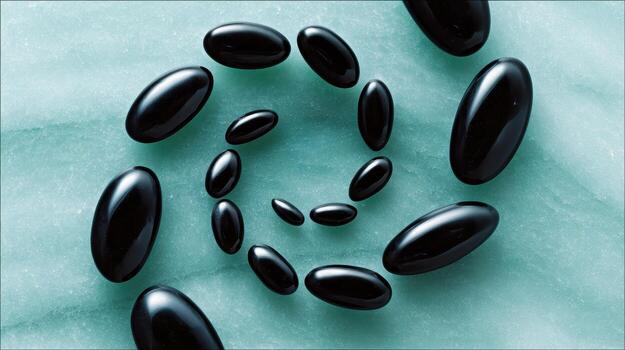 Glossy Black Pebbles in a Spiraling Ring on a Teal Ice Like Surface, Abstract Still Life Composition with Smooth Elliptical Stones photo