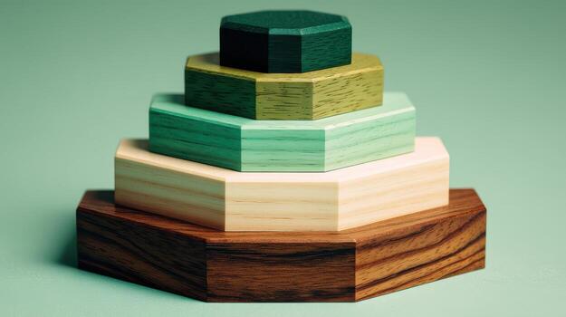 Stacked Geometric Wooden Rings in Gradient Tones Form a Pyramid an Abstract Photograph of Carved Wood Layers photo