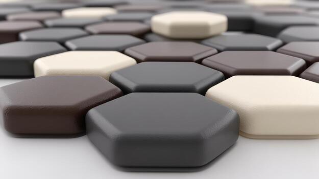 Close Up Abstract Hexagonal Tile Mosaic in Neutral Browns and Cream with Leatherlike Texture, Geometric Pattern photo