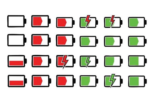 Collection of battery charge level indicators with red and green fill and lightning bolt icons vector