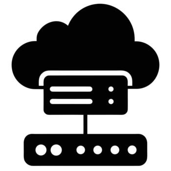Black silhouette of a cloud connected to a server rack and a network device on a white background vector