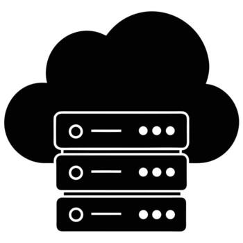 Black silhouette of a cloud above a stack of three server racks on a white background cloud computing vector