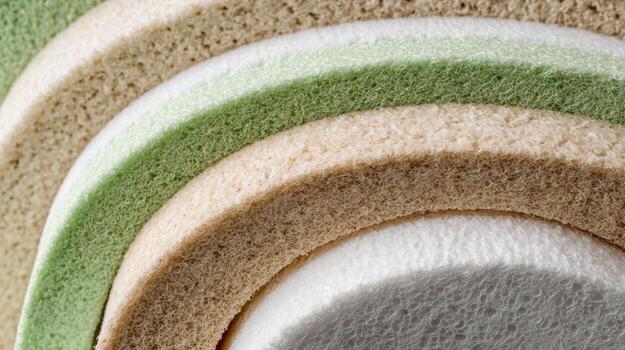 Macro Close-up of Multicolor Bread Slices Forming Curved Green White Beige Brown Layers with Textured Crust and Soft Crumb photo