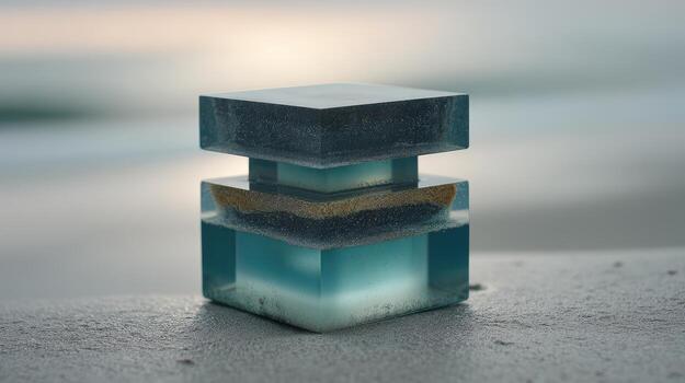 Contemporary Abstract Glass Block Sculpture Stacked on Sand Beneath a Soft Gradient Mist Seascape at Dawn photo