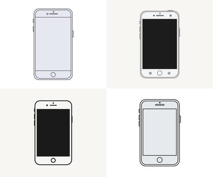 mínimo conjunto de cuatro teléfono inteligente frente ver ilustraciones en limpiar línea Arte plano estilo. blanco pantallas para aplicación maquetas vector