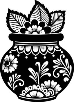 Dceorative Pot with f a loral patterns a detailed and elaborate image featuring a traditionally designed pot, adorned with detailed floral patterns and foliage, is depicted intwo-tone art style. vector