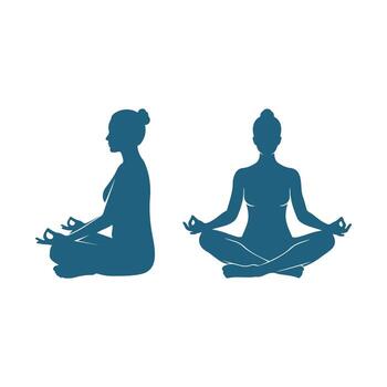 Silhouettes of woman meditating in lotus position in two different angle view. one is a side view, and the other is a front view vector