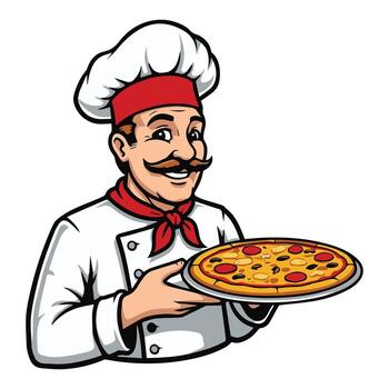 Smiling chef presents delicious hot pizza silhouette white background vector