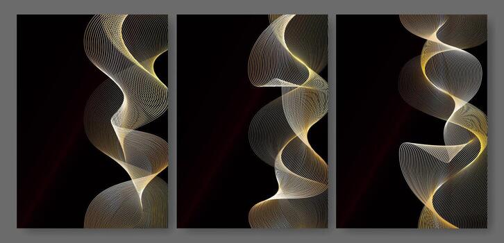 dorado premio certificado. Delgado ondulado elegante líneas lujo remolino en ligero rayo. curvo modelo Brillantina textura cinta. elegante platino silbido de viento o fumar. vector