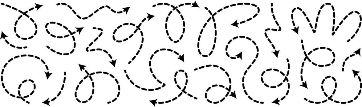 Dashed arrow squiggle line set. Curved shape doodle brush element. Complex plan, map path pattern. 3d up down direction scribble dynamic curly marker. Looped black stroke twirl spiral handdrawn vector