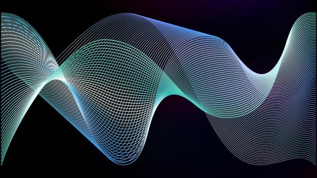 Neon light ai wavy line blue background. Digital data stream or network connect effect. Abstract blend gradient for neural tech web. Aurora spectrum night mesh flow. vector