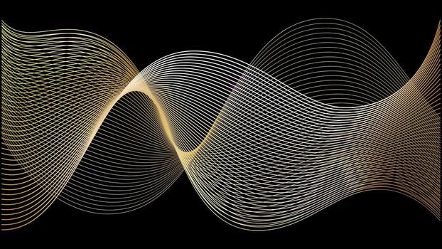 Golden wavy lines on dark backdrop. Thin textile pattern swoosh. Music of wind 3d luxury abstract stripes. Horizontal motion premium element. Curved ribbon glitter texture vector