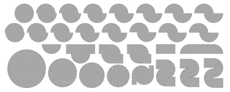 Concentric line spiral circle pattern, endless curved wave. Abstract japanese garden 60s modernism arch shape. Orient undulate semicircle, repeated rainbow border. Optical illusion home print poster vector