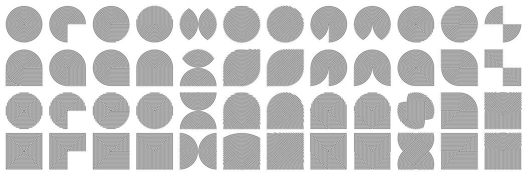 Abstract line pattern design elements, geometric logo shapes. Circle and square modern art, boho waves zen. Black arch rainbow with simple texture, simple balance mid century poster aesthetic vector