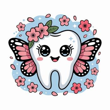 A cute tooth character adorned with butterfly wings sits at the center, surrounded by an array of cheerful pink flowers vector