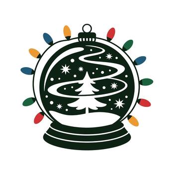 A snow globe features a Christmas tree surrounded by a swirling pattern, encapsulated within a set of colorful holiday lights vector