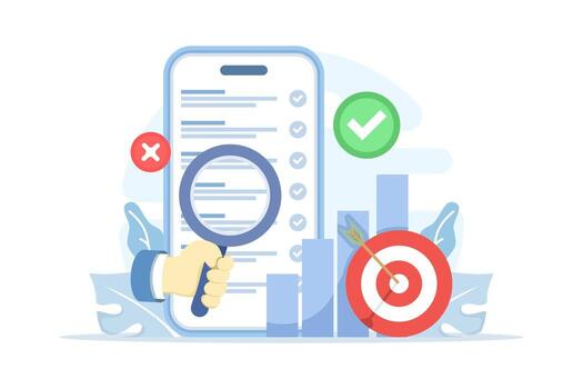 plano ilustración de objetivo digital márketing Lista de Verificación. concepto de en línea estrategia, SEO, publicidad, contenido planificación, social medios de comunicación crecimiento, metas logro, y Campaña seguimiento. vector