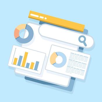 plano ilustración de márketing investigación y financiero análisis concepto. negocio flujo de trabajo con bar gráficos, estadístico datos, y Internet navegador visualización para informado Toma de decisiones. vector