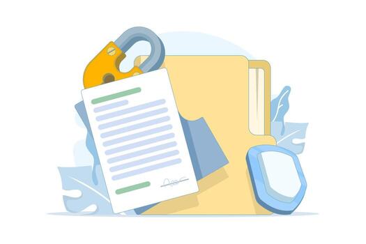 Flat illustration of data security and privacy concept. Digital file and document protection with lock icon, safe confidential information, secret access, privacy protection, secure storage. vector