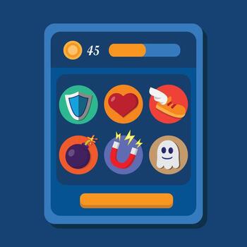 Colorful set of mobile game power-up icons in flat cartoon style. Includes shield, heart, shoe, bomb, magnet, and ghost. Perfect for casual or RPG games, UI design, and digital app assets. vector