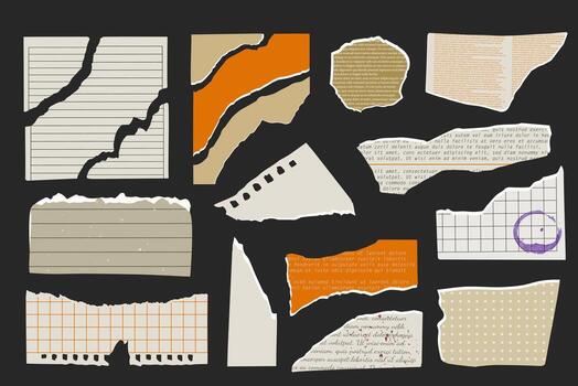 Torn newspaper sheets of paper with clippings text in grunge style. pieces of ripped scrap paper in cage and lines vector