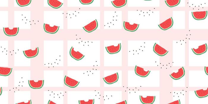 watermelons hand drawn seamless pattern. Cute summer fresh fruits print. Watermelon red slices and seeds repeat texture on pink checkered pattern for print vector