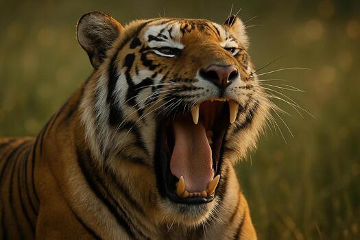 Aggressive tiger roaring loudly with open jaws displaying sharp teeth dominance photo